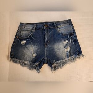 Distressed Denim Jean Shorts with Frayed Hem